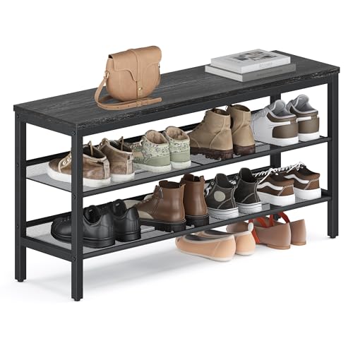 Image of VASAGLE 3 Tier Shoe Rack Bench, One Piece Shelves, Industrial Style | Shoe Storage Organizer with Raised Edges, Easy Assembly, 11 x 39.4 x 19.7 Inches, Charcoal Gray and Matte Black ULSB075BA01S