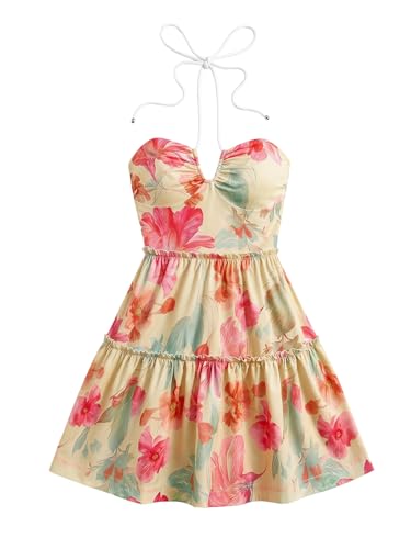 Image of Floerns Women's Floral Sleeveless Halter Dress Milkmaid Flare Hem Boho Mini Dress