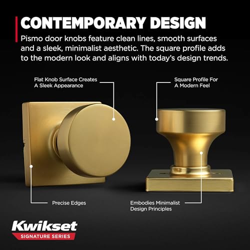 Image of Kwikset Pismo Interior Square Passage Door Knob, Handle for Closet and Hallway Doors, Non-Locking Doorknob, Satin Brass 4 Pack