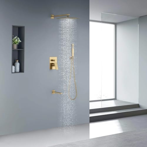 KIBI Cube Sistema de Ducha de Baño Montado en Pared con 3 Funciones, Latón Cepillado, Válvula Equilibradora de Presión, Brazo de Ducha de 15 Pulgadas, Modo de Ducha de Cascada Manual (KSF406) miniatura 3