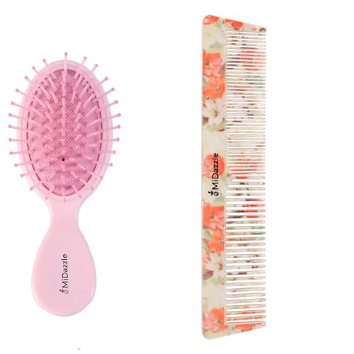 Image of Midazzle Premium Pink Unicorn Kids Hair Brush with Floral Comb, Set of 2, Travel-Friendly (MIHB0020+MIFC2304)