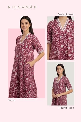 Image of NIHSAMAH Cotton Nighty for Women - Embroidered & Printed Stylish Night Gown, Comfortable Sleepwear Long Nightwear, Maxi