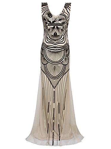 Vijiv 1920S Long Maxi Prom Gowns Sequin Mermaid Bridesmaid Formal Evening Dress, Black Beige, Small #TOP3