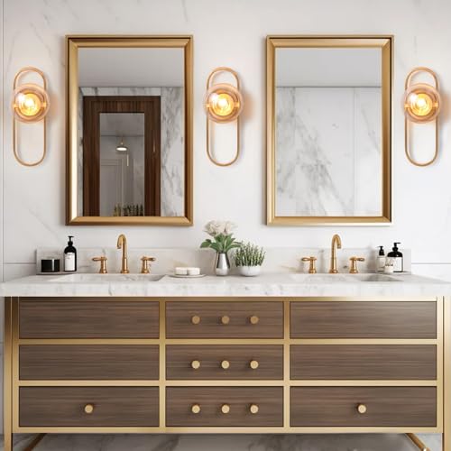 Image of Bektas Gold Wall Lamp Sconces Set of 2 with Amber Globe Glass Shade - Wall Lights for Living Room & Bedrooms ETL Listed