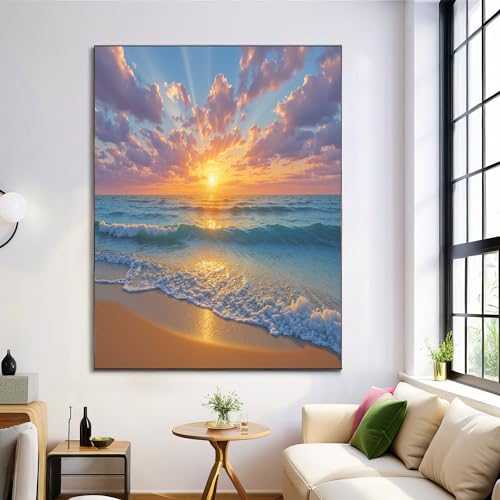 Déco artistique murale salon coucher de soleil bleu-orange poster vagues mer