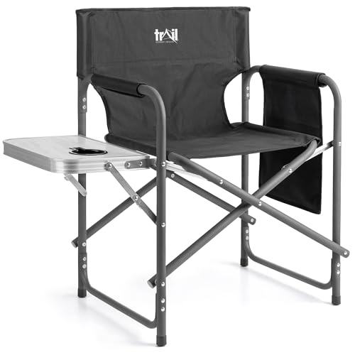 Trail Outdoor Leisure Silla Plegable de Camping con Mesa Lateral, Portavasos, Bolsillo de Almacenamiento y Reposabrazos Acolchado, Silla de Director Plegable con Estructura de Acero, Soporta 120 Kg
