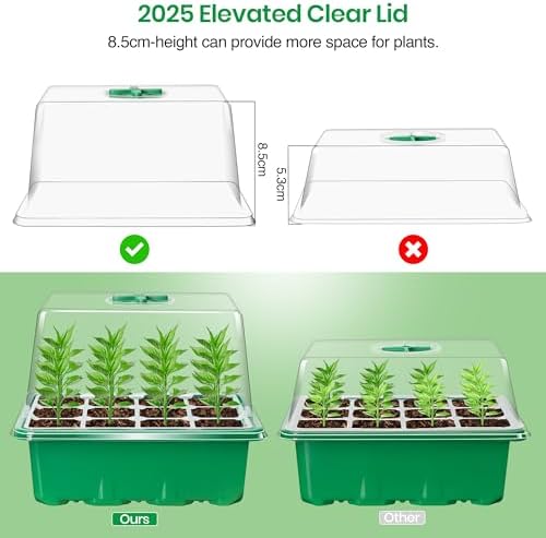 Bonviee 5 Packs Seed Starter Tray with Plant Light, Elevated Seedling Starter Trays Kits with Adjustable Humidity Domes and Clear Cell Tray, 12 Full Spectrum led lamp Beads for Plants Indoor-Green - 3