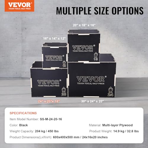 VEVOR 3-in-1-Plyometrische Sprungbox 24/20/16-Zoll-Plyobox, Sprungkasten Sprungkiste 204 kg Tragfähigkeit, Fitnessübungs-Step-Up-Box für Heimtraining, Sprungkrafttraining Schwarz Einstellbare Höhe