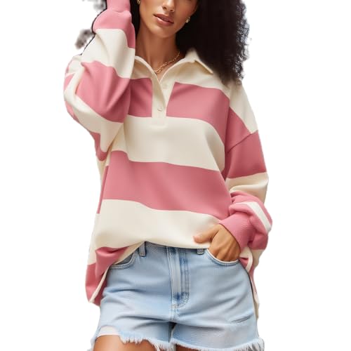 Rugby Shirt Women Striped Collared Long Sleeve Rugby Polo Shirts Oversized Stripes Color Block Sweatshirt Y2K Vintage Pullover Jersey Top Fall Trendy