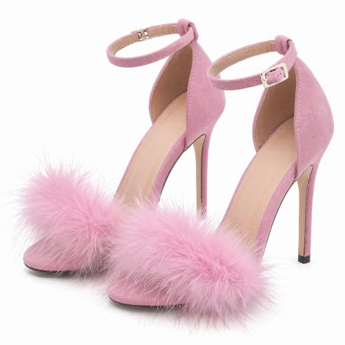 Image of Women's Sexy Heeled Sandals Fluffy Feather Open Toe Stiletto High Heels | Ankle Strap Buckle Shoes for the Bedroom Wedding Party Dance Evening Date Night Lingerie Cocktail Club Fuzzy Faux Fur