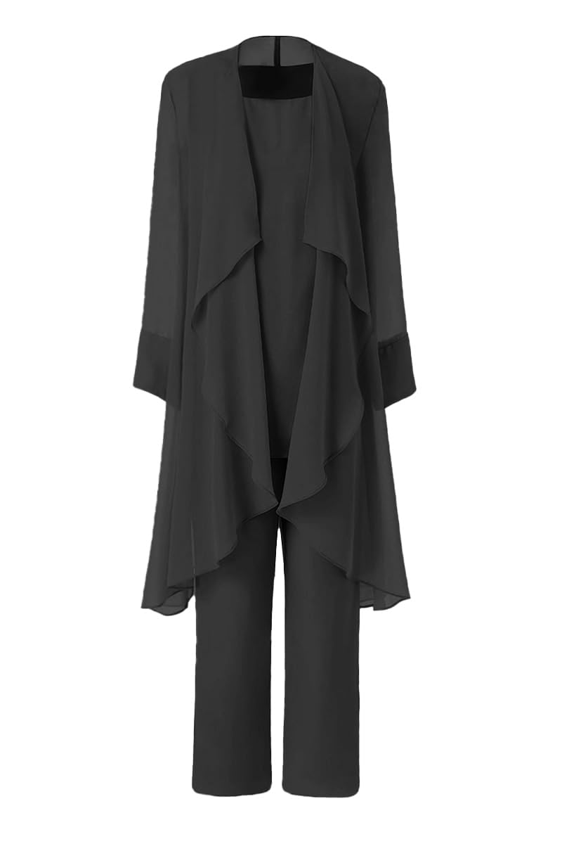 Women's Mother of The Bride Pant Suits 3 Pieces Chiffon Outfit Sets for Wedding Pant Suit with Jacket Black