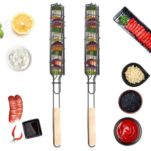 2 Pcs Panier à Grillades pour Légumes, Panier de Grillage Enroulable, Panier à Grillades, Accessoires Barbecue, Panier à Grillades à Long Manch, Panier à Saucisse pour Légumes en Vrac, Fruits, Viande