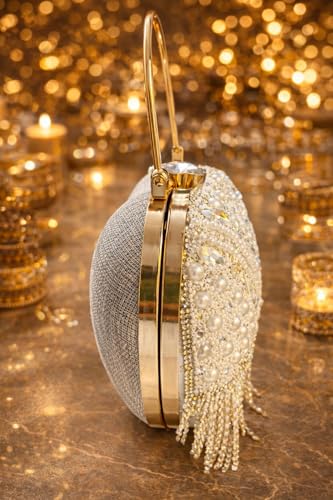 Image of Luxury Silver Beaded Pearl Heart Clutch Bag with Handle & Chain for Women Party Wedding Evening Purse.