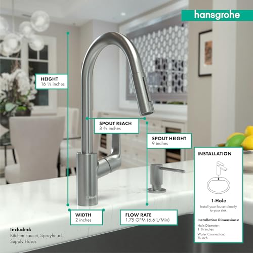 hansgrohe Focus Stainless Steel High Arc Kitchen Faucet, Kitchen Faucets with Pull Down Sprayer, Faucet for Kitchen Sink, Magnetic Docking Spray Head, Stainless Steel Optic 04505800, 1.75