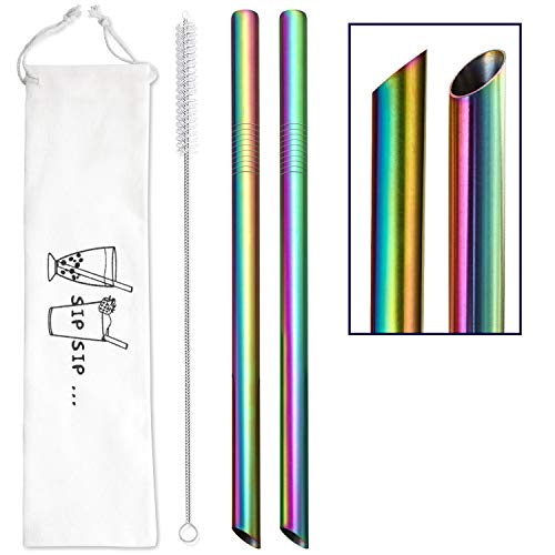 [Angled Tips] 2 Pcs Jumbo Reusable Boba Straws & Smoothie Straws - Rainbow Colors , 0.5" Wide Stainless Steel Straws, Metal Straws for Bubble Tea, Milkshakes, Smoothies |1 Cleanning Brush & 1 Case