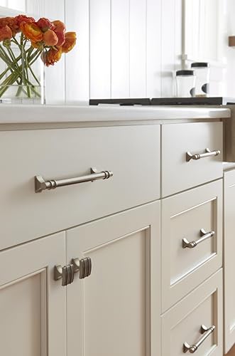 Image of Amerock | Cabinet Pull | Satin Nickel | 5-1 /16 inch (128 mm) Center to Center | Davenport | 1 Pack | Drawer Pull | Drawer Handle | Cabinet Hardware