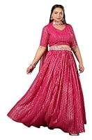 Janasya Women's Plus Size Pink Georgette Foil Printed Gathered Embellished Lehenga Choli Set (XLB24LC00562-5XL)