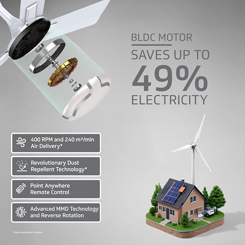 Image of V-Guard Exado Pro ES BLDC Ceiling Fan | Remote Control | Anti Dust Coating | Energy Saving BLDC Fan | 370 RPM | 100% Copper Motor | 1200 mm | Pearl White Silver