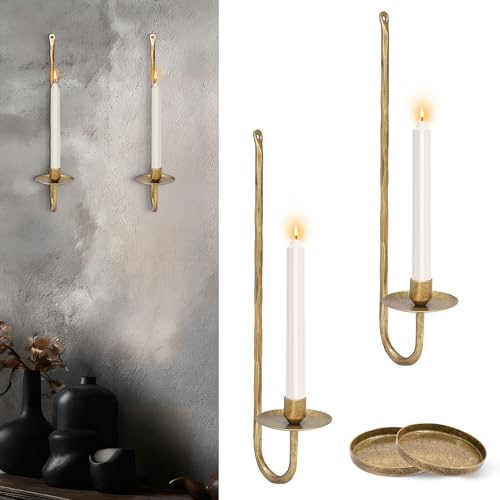 Wall Candle Sconces Set of 2 Metal Wall Candle Holders Hand-Forged Vintage Gold Solid Steel Rustic Home Decor for Living Room Bedroom Dining Room Candle Accent