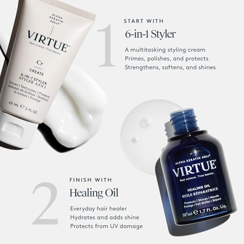 Virtue Labs VIRTUE Healing Hair Oil & 6-in-1 Styling Cream Bundle, Repair, Protect, and Style for All Hair Types, Amazon Exclusive, Color Safe 1.7 Fl Oz