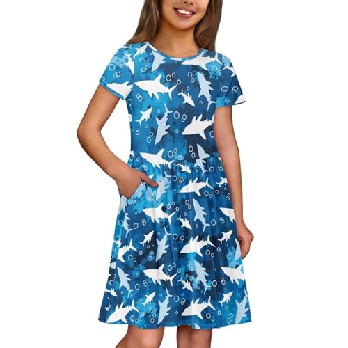 Image of Girls Dress with Pockets Basic Short Sleeve High Waist Swing Skater Dress School Party Dress for Kids