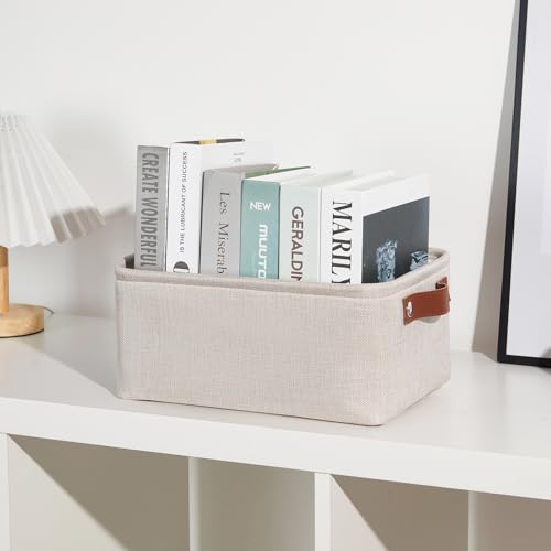Image of DULLEMELO Small Storage Basket for Shelves, Small Fabric Collapsible Rectangular Storage Bin for Shelves, Closets, Nursery, Home, Office, Empty Gift Basket (Beige)