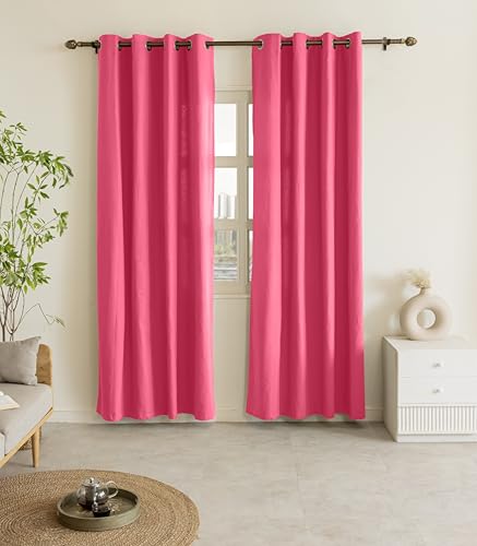 Image of THE LINEN COMPANY Canvas Cotton Long Door Curtains with Steel Eyelet for Living Room /Dining Hall /Hotel /Farm House Set of 2 Pcs (4.5ft x 9 ft, Pink)
