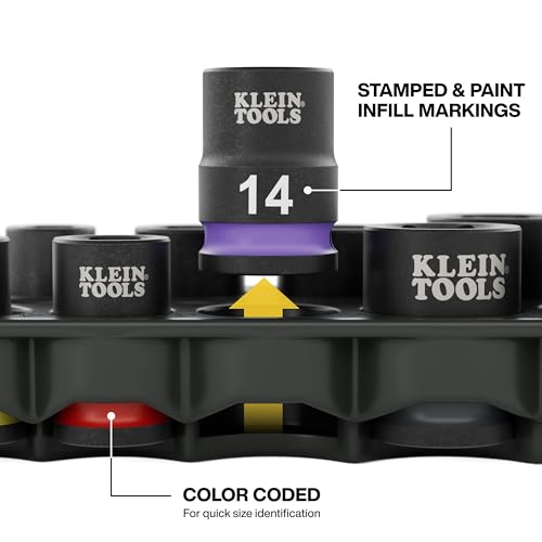 Image of Klein Tools 33809M Grab-And-Go Impact Socket Set, Metric, 10-Piece Set with Sleeve, Carabiner, 3 /8-Inch Drive, Color-Coded 8 mm, 10 mm, 12 mm, 13 mm, 14 mm, 15 mm, 17 mm, 18 mm, 19 mm Sockets