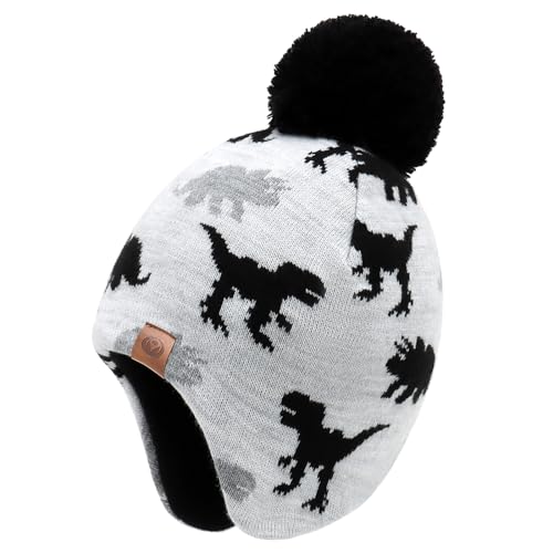 Duoyeree Kids Beanie Hat For Boys Girls Pom-Pom Kint Hats Cozy Lining Winter Skull Cap White Grey cover