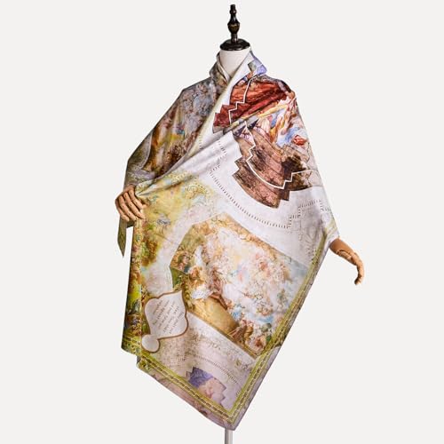 Illuminated Manuscript Scarf,boho chic pareo mandala wrap skirt cover up Faux Hualuo Silk Pareo With Medieval Calligraphy Art, Vintage Sacred Geometry Shawl Wall Tapestry 25.6"x70"3