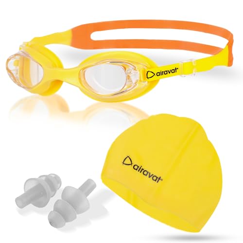 Image of AIRAVAT Hydro 0027 Swimming kit, Swimming Set With Swimming Goggle Nose & Ear Plug And Swim Cap | Optic Quality Poly carbonate Lenses, 100% UV Protection Anti-fog Coated, Ultra Durable (Yellow)