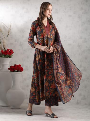 Image of GoSriKi Women's Rayon Viscose Anarkali Printed Kurta with Palazzo & Dupatta