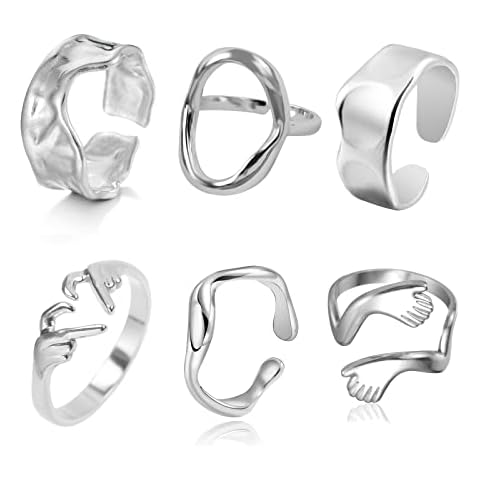 Loqimu 6 Pack Silver Midi Rings Stainless Steel Stackable Rings for Women Open Knuckle Rings Set Wide Irregular Finger Rings for Teen Hug Geometric Fashion Rings Aesthetic Jewelry Gift Cover