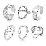 Loqimu 6 Pack Silver Midi Rings Stainless Steel Stackable Rings for Women Open Knuckle Rings Set Wide Irregular Finger Rings for Teen Hug Geometric Fashion Rings Aesthetic Jewelry Gift