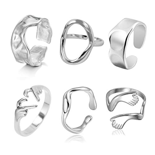 Loqimu 6 Pack Silver Midi Rings Stainless Steel Stackable Rings for Women Open Knuckle Rings Set Wide Irregular Finger Rings for Teen Hug Geometric Fashion Rings Aesthetic Jewelry Gift