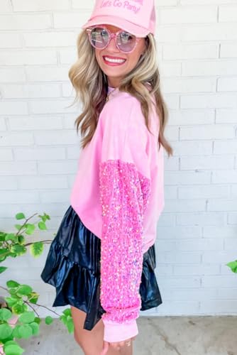 Women's Elegant Pink Sequin Patchwork Long Sleeve Pullover Top3