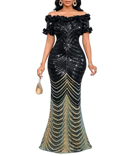 Image of dasmzper Women Sexy Sequin Off Shoulder Ruffle Short Sleeve Bodycon Mermaid Party Formal Evening Maxi Dress