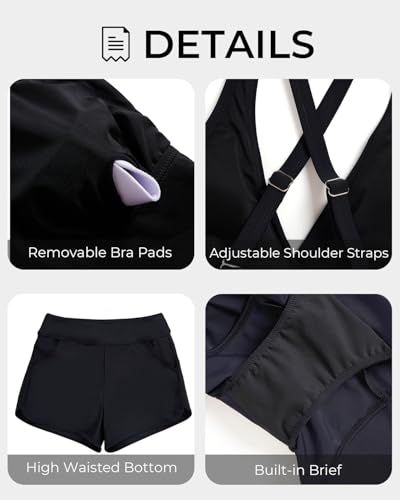 Image of Women Tankini Swimsuits with Shorts Two Piece Tummy Control Bathing Suits | Two Pockets,Tummy Control,Built-in Brief,Quick Dry,Removable Cups,High Waisted Short