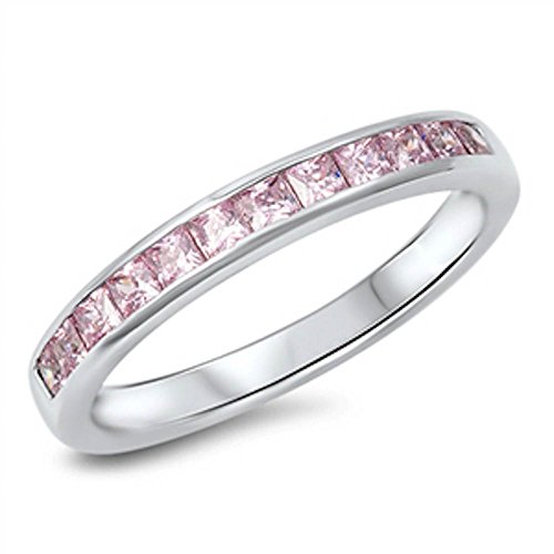 Oxford Diamond Co Simulated Pink Sapphire Princess Cut Eternity Band .925 Sterling Silver Ring Size 8