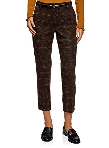 oodji Collection Femme Pantalon à Carreaux en Tissu Épais, Marron, FR 36 / XS