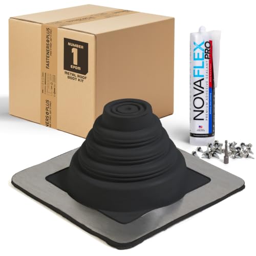 Image of Fasteners Plus #1 Square EPDM Metal Roof Pipe Flashing Boot with Complete Install Kit (Fits 1 /4 inch - 2-3 /4 inch Pipe OD), Black