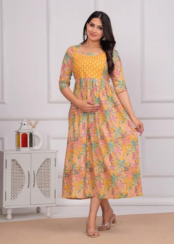 Image of Women's Pure Cotton Floral Printed Maternity Feeding Kurti with Zipper Feeding Dress for Women Feeding Gown
