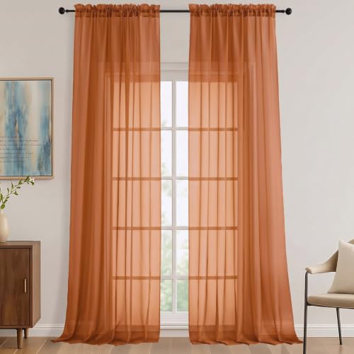 Image of Sheer Orange Curtains 108 Inches Long 2 Panels Set, 59 Inch Extra Wide Lightweight Airy Orange Sheer Curtain for Living Room Bedroom, Filmy Voile Rod Pocket, 59Wx108L Inches