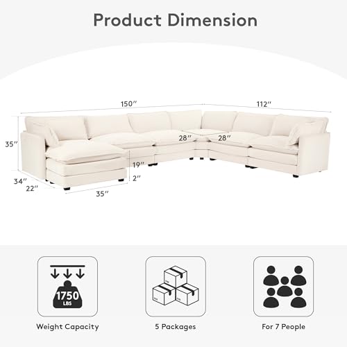 image for ROWHY 150'' Modular Sectional Cloud Couch, 7 Seater Corner Sofa Big Co