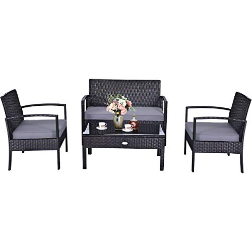Image of Carry Bird 4 Piece PE Wicker Rattan Outdoor Furniture | 4 Seater Balcony Sofa With Tea Table | Set of 2+1+1 Outdoor Patio Chairs with Coffee Table | Sofa Sets & Center Table for Home & Garden | 3 Piece Patio Stools with Table | Indoor Patio Furniture Set Space Saving | Rattan Chair | Patio Set | Wicker Conversation Set | Poolside Lawn Arm Chairs Set For Balcony & Terrace | Balcony Table chair Set | Hotel Patio Seating Chair & Table Set with Glass | Brown Sofa Grey Cushion