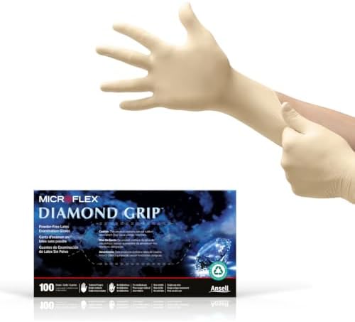 Ansell Microflex Diamond Grip MF-300 Disposable Gloves in Latex Multi-Purpose, Powder Free Glove in Natural Rubber for Medical Exam, Cleaning or Mechanic Tasks, White, Size Large, Box of 100 Units