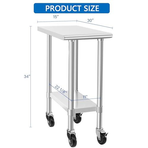 Image of HARDURA Stainless Steel Commercial Table Prep & Work Table with Casters Heavy Duty Metal Table with Wheels NSF 430 30x15 Inches