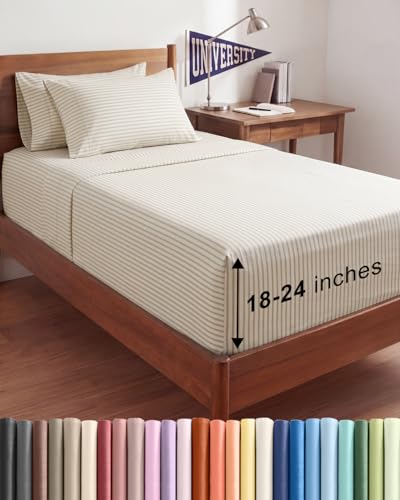 Image of Extra Deep Twin XL Sheet Set - 4 Piece Breathable & Cooling - Beige Stripes | Hotel Luxury Bed Sheets Set, Easy & Secure Fit, Ultra-Soft, Wrinkle & Fade Free, Comfy Sheets Set with Extra Deep Pockets