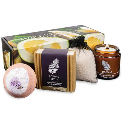 Product Image of the Hemlock Park Pomelo Citrus Artisanal Spa Gift Box | Apothecary Candle, Shea Butter Soap, Bath Bomb, Mineral Salt Bath Soak | Handcrafted with Plant Based Ingredients