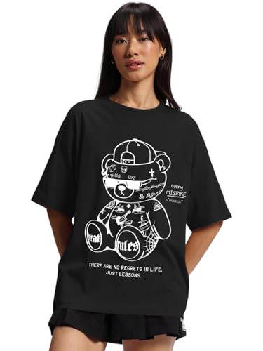 Image of JUNEBERRY 100% Pure Cotton Oversized Loose Baggy Fit Drop Shoulder Half Sleeve Round Neck Cool Front Teddy Printed Cork & White T-Shirt for Women /Girls (Available in from S to 2XL)